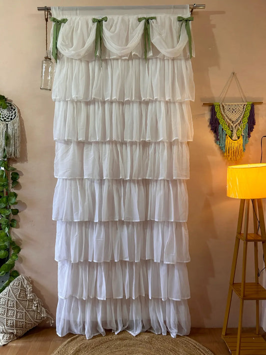 Solid White Full Ruffle Curtain with Bows Detailing