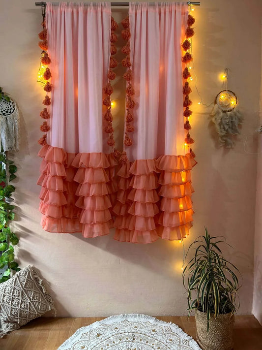 Pink Shade Bottom Ruffle with Tassels Curtain